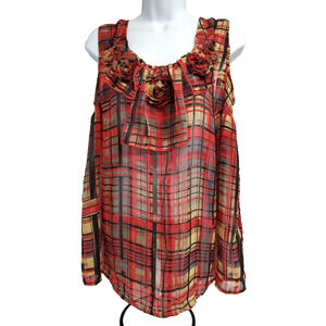 Avenue Womens Top Red Plaid Sleeveless Rosette Accents Sheer Size 14/16